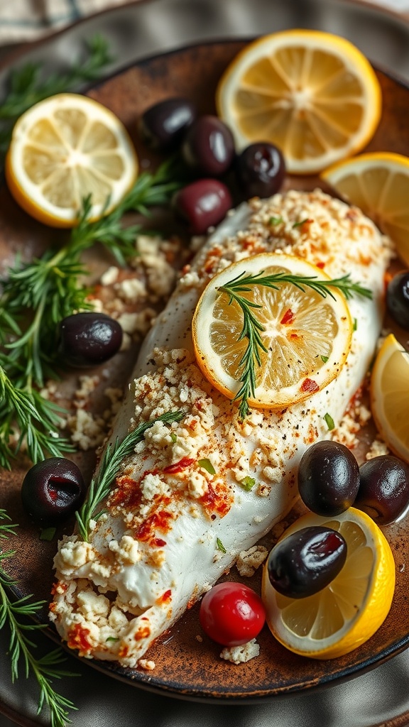 A plate of Mediterranean cod topped with feta cheese, garnished with lemon slices and olives.