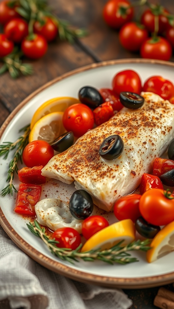 A plate of Mediterranean cod fillets served with tomatoes and olives, garnished with lemon slices.