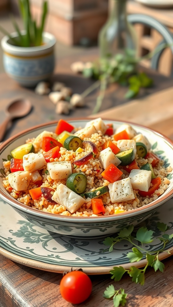 A bowl of Mediterranean Couscous and Fish Salad filled with colorful vegetables and fish.