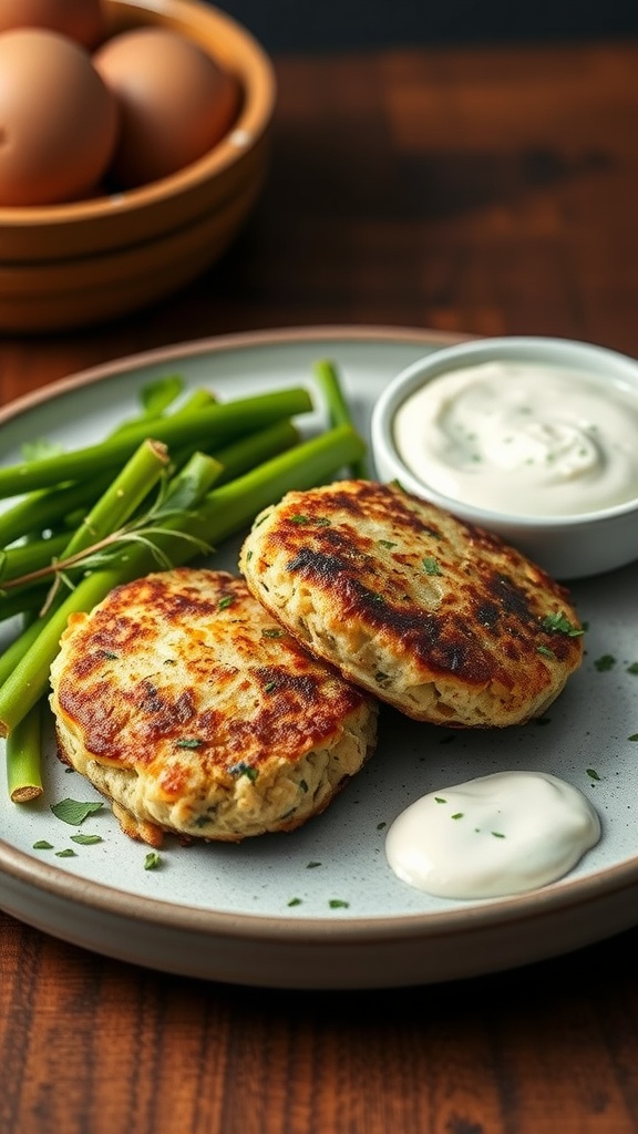 Delicious Mediterranean crab cakes served with green onions and a creamy dipping sauce on a plate.