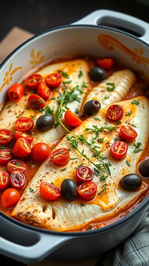 A Mediterranean fish bake with white fish fillets, cherry tomatoes, and olives