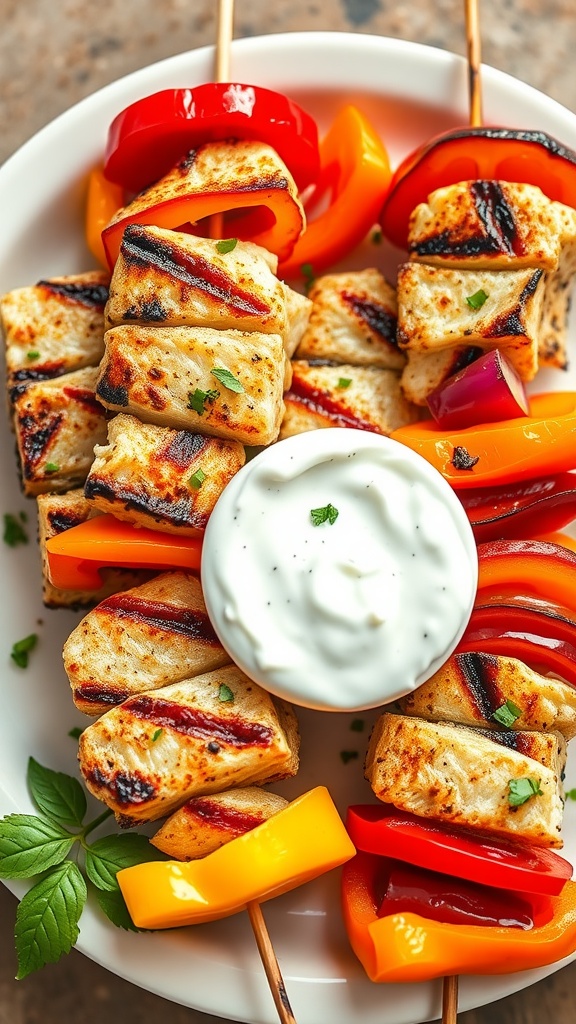 Mediterranean fish skewers with colorful vegetables and a yogurt sauce