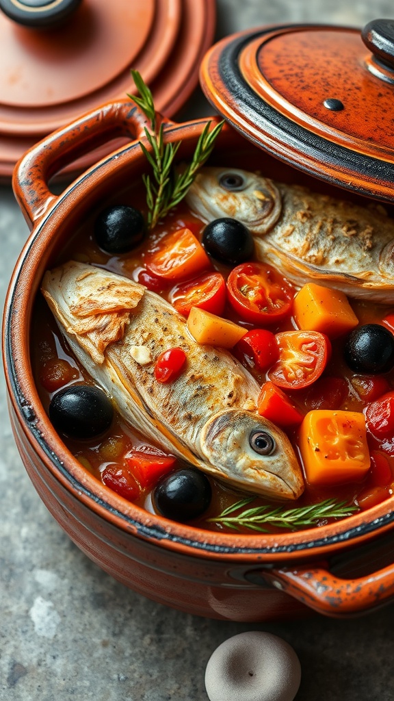 A bowl of Mediterranean fish stew with whole fish, cherry tomatoes, olives, and bell peppers.