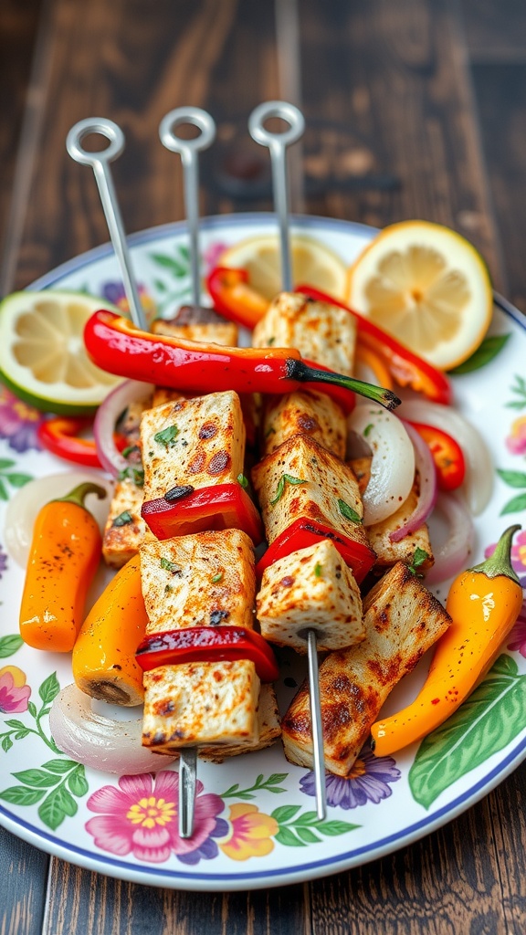 Delicious Mediterranean Grilled Cod Skewers on a plate with colorful vegetables.