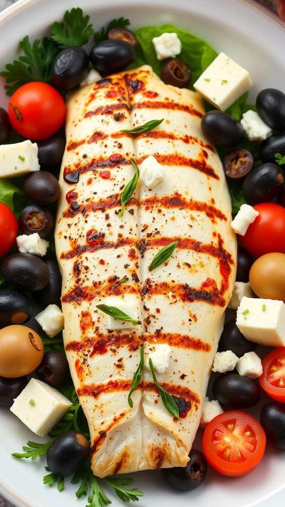 A beautifully grilled halibut fillet served with cherry tomatoes, olives, and feta cheese.