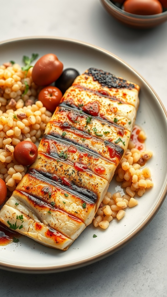 Grilled Mahi Mahi with cherry tomatoes and olives served on a plate