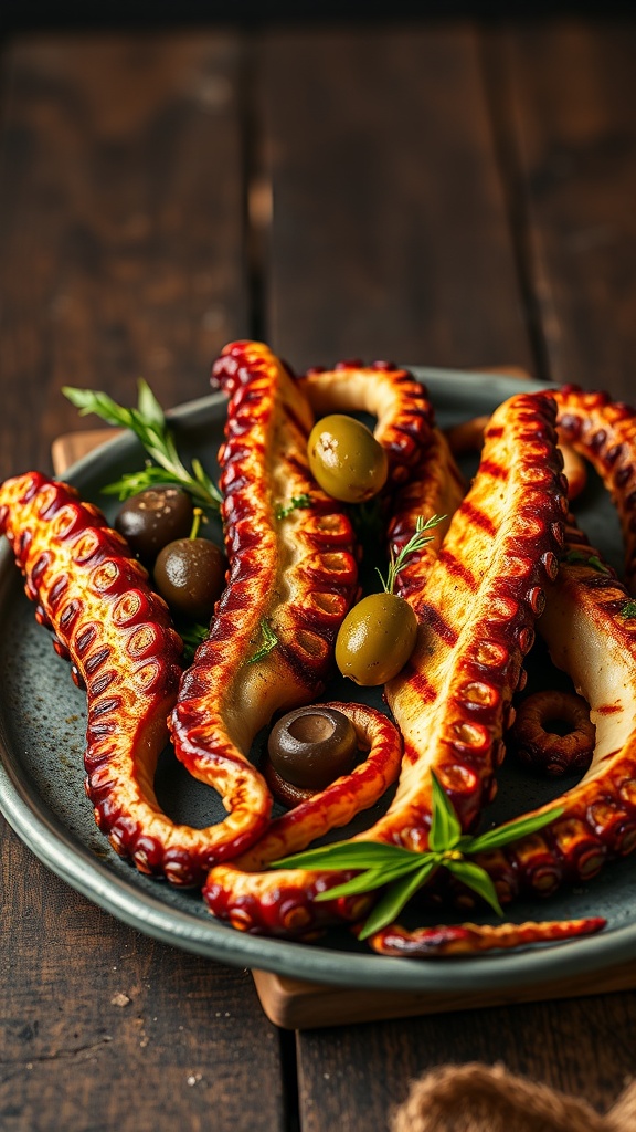 Grilled octopus served with olives and fresh herbs