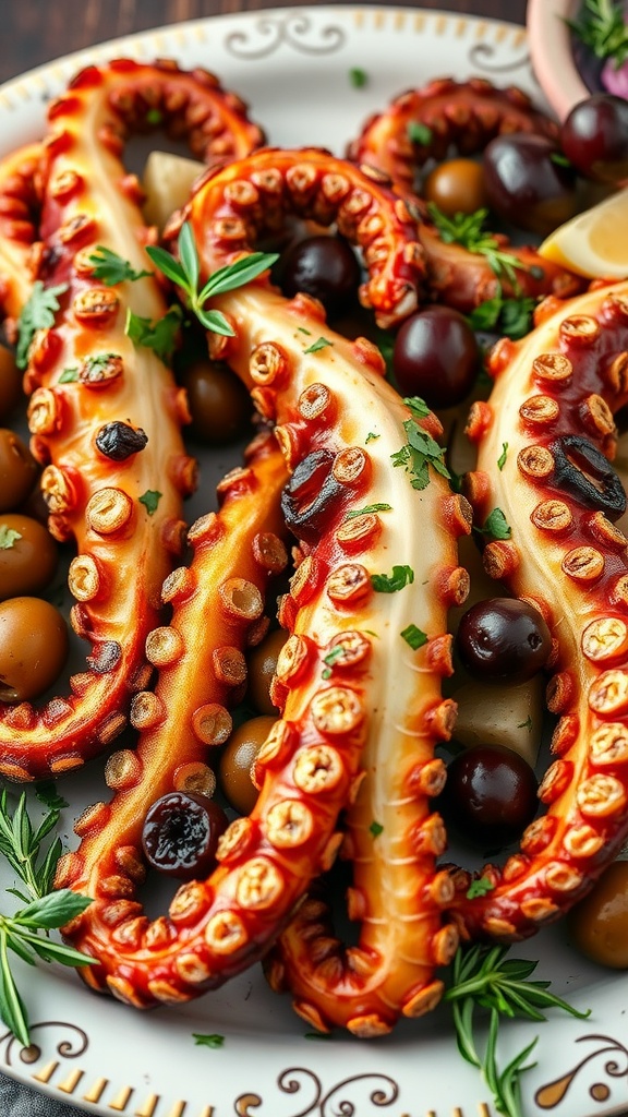 A plate of grilled octopus garnished with olives and herbs, showcasing a Mediterranean seafood dish.