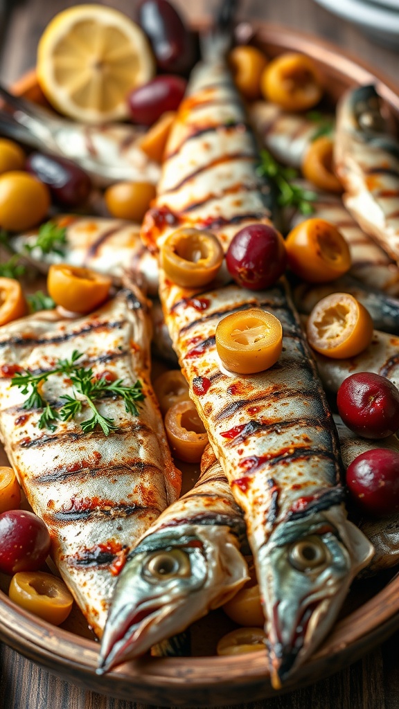 Grilled sardines with lemon slices and olives
