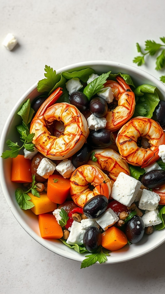 A delicious Mediterranean grilled shrimp bowl with colorful vegetables and feta cheese.