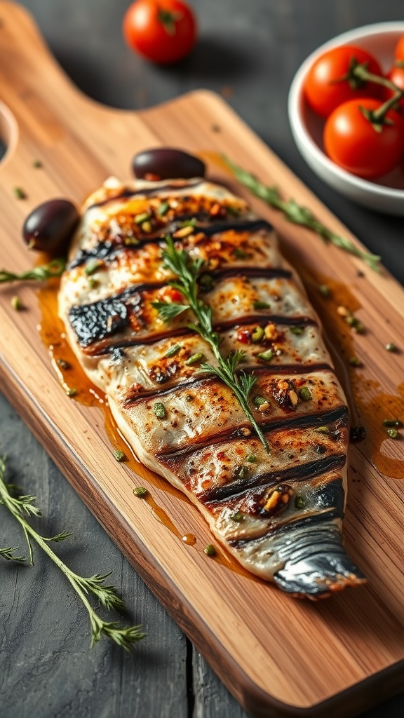 A beautifully grilled swordfish steak served with herbs and lemon on a wooden cutting board.