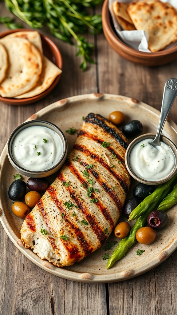 Mediterranean Grilled Tilapia with Tzatziki served on a plate with olives and greens.