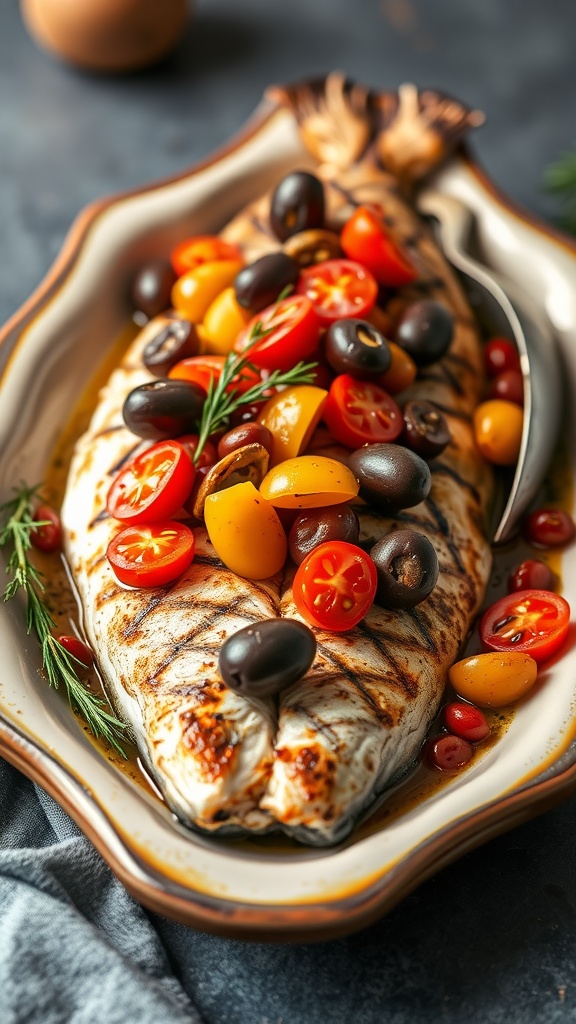 A beautifully presented Mediterranean grilled trout topped with tomatoes and olives.