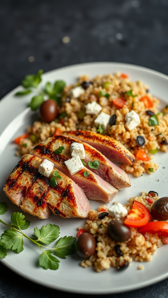 Mediterranean grilled tuna steak served with quinoa salad and fresh vegetables.