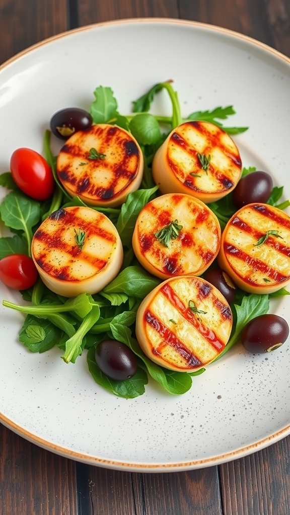Plate of grilled scallops garnished with herbs and served with salad