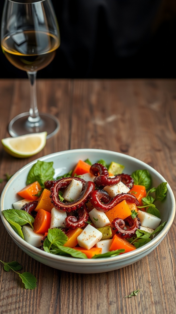 A vibrant Mediterranean octopus salad with mixed greens, cherry tomatoes, and a lemon dressing.