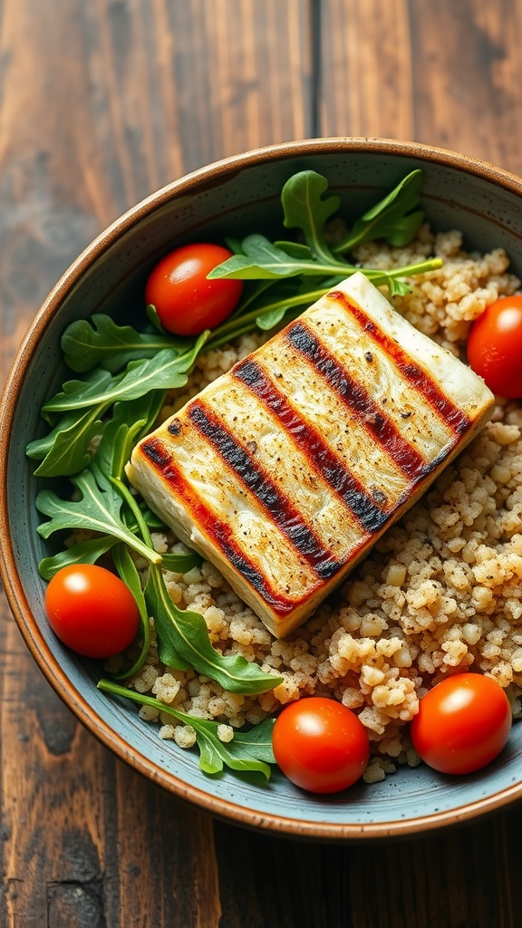 A Mediterranean quinoa bowl with grilled dorado fish, cherry tomatoes, and greens