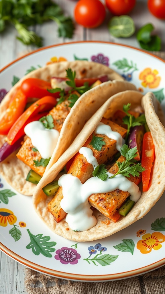 A plate of Mediterranean salmon pita wraps filled with salmon, colorful vegetables, and tzatziki sauce.