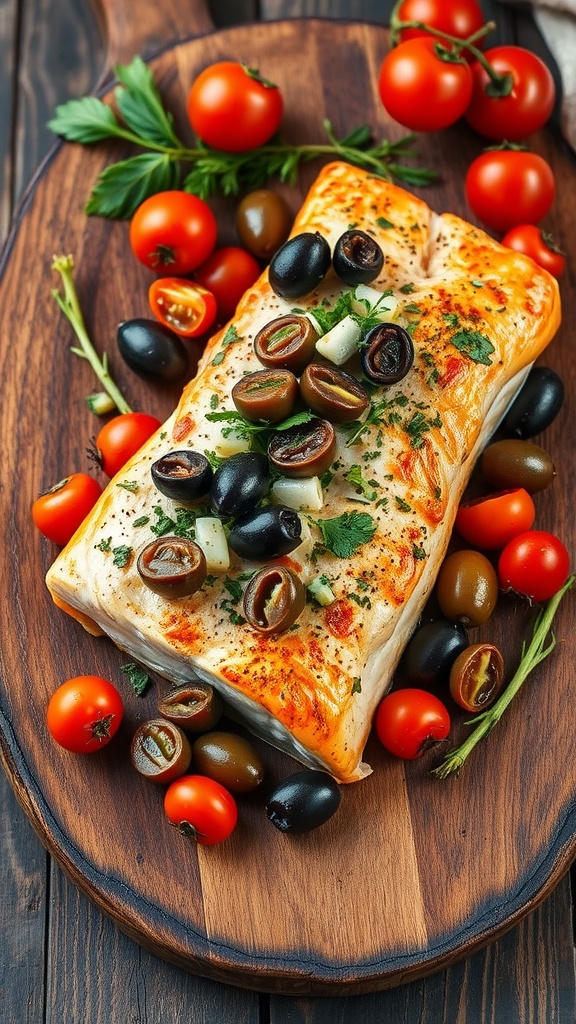 Mediterranean salmon with olives and cherry tomatoes