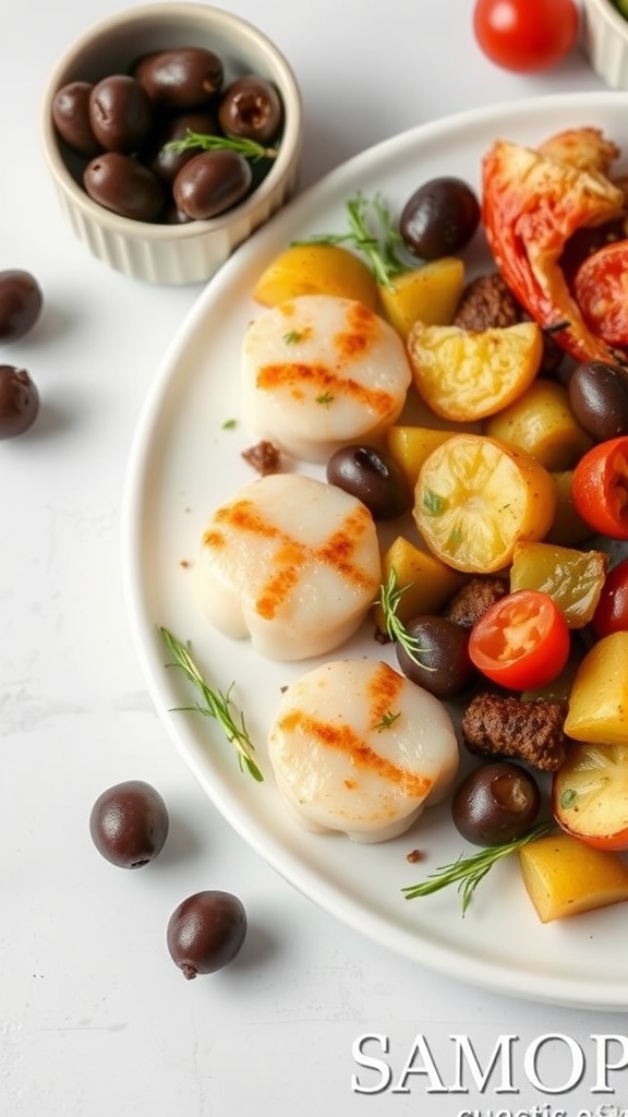 A Mediterranean Scallop Platter featuring seared scallops with colorful roasted vegetables and olives.