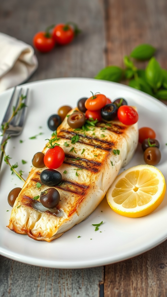 Grilled Mediterranean sea bass with olives and cherry tomatoes