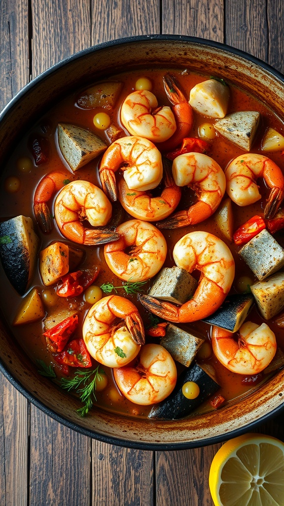 A bowl of Mediterranean seafood stew with shrimp and fish.
