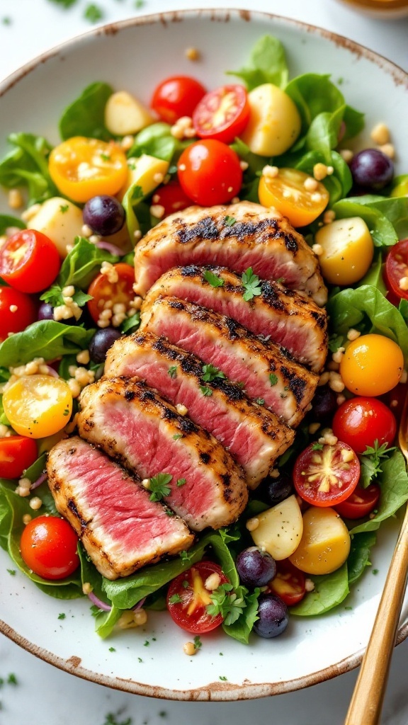 Mediterranean seared tuna salad with mixed greens and vegetables