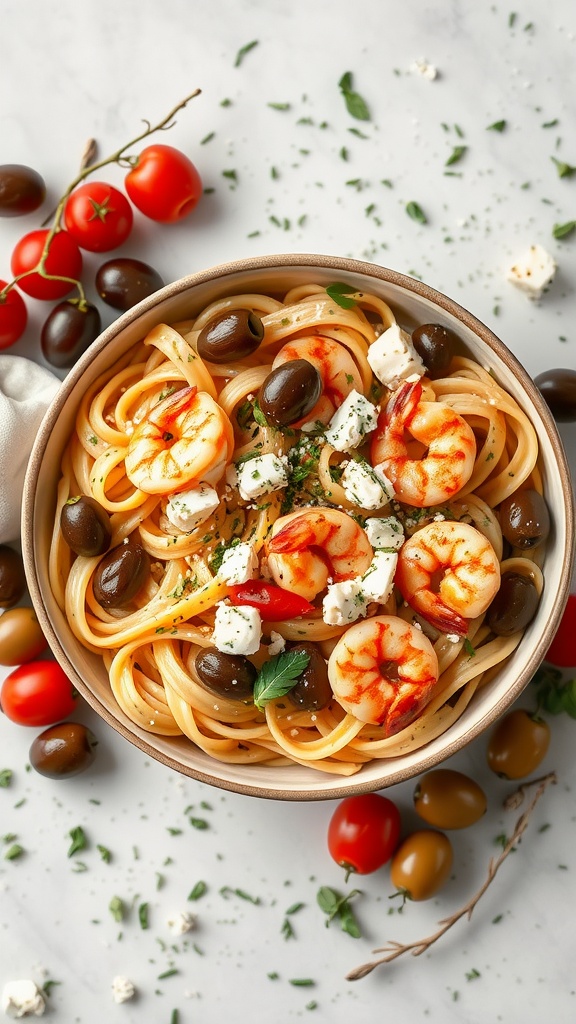A bowl of Mediterranean shrimp and feta pasta garnished with fresh herbs and olives.