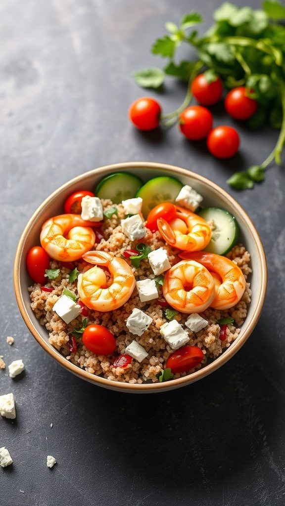 A vibrant Mediterranean Shrimp and Quinoa Bowl with colorful vegetables.