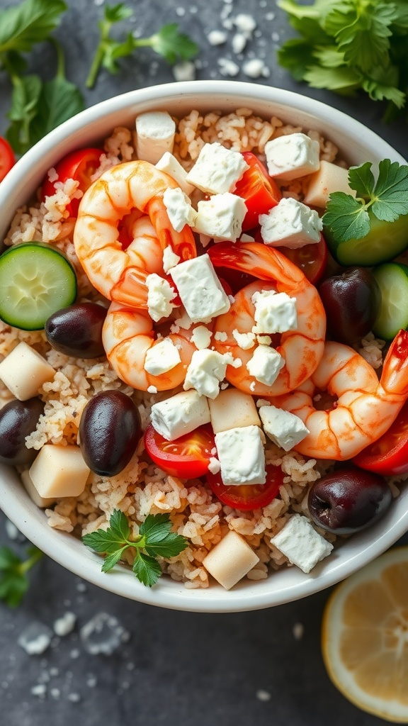 A Mediterranean Shrimp and Rice Bowl filled with shrimp, rice, fresh vegetables, and feta cheese.
