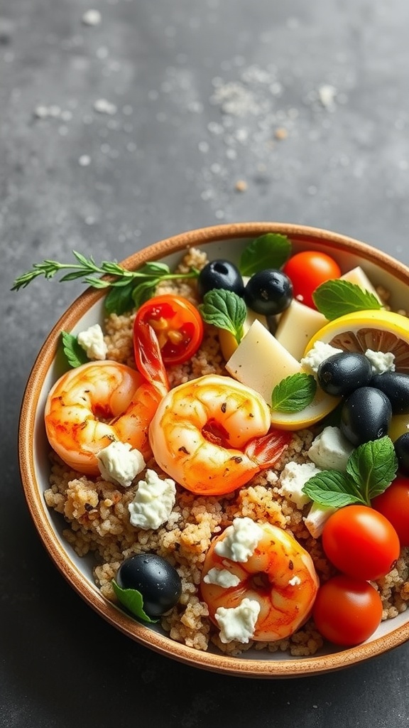 A colorful Mediterranean shrimp quinoa bowl with shrimp, vegetables, and herbs.