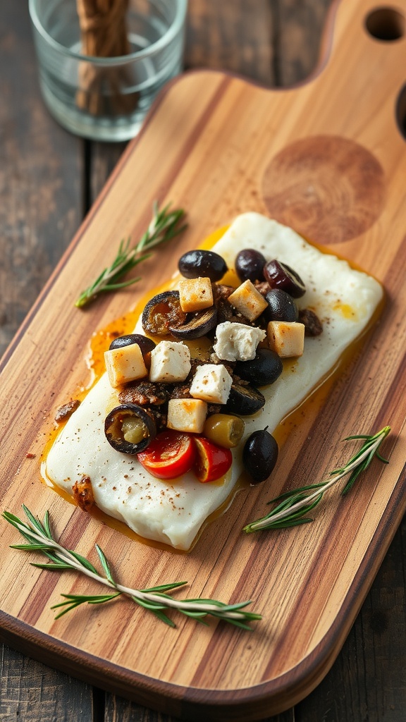 Mediterranean stuffed halibut with olives and feta cheese