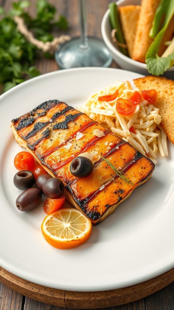 Grilled catfish fillet garnished with olives and tomatoes, served on a plate.