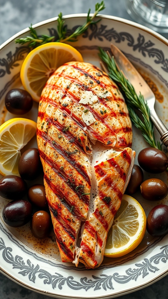 Grilled red snapper garnished with lemon slices and herbs on a decorative plate.