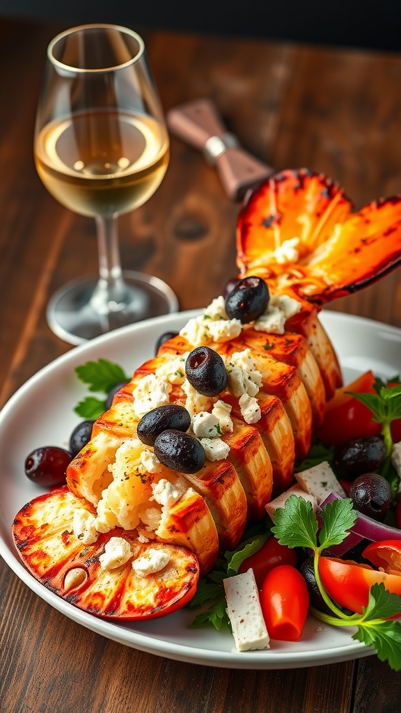 Grilled Mediterranean style lobster tail with feta cheese, olives, and fresh vegetables.
