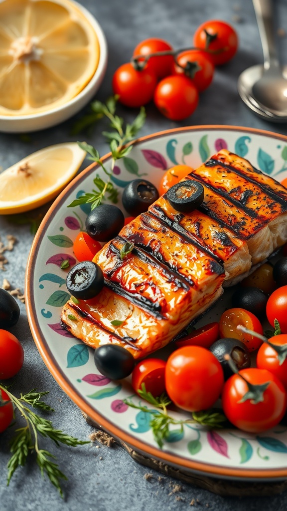 Grilled salmon with olives and cherry tomatoes on a colorful plate