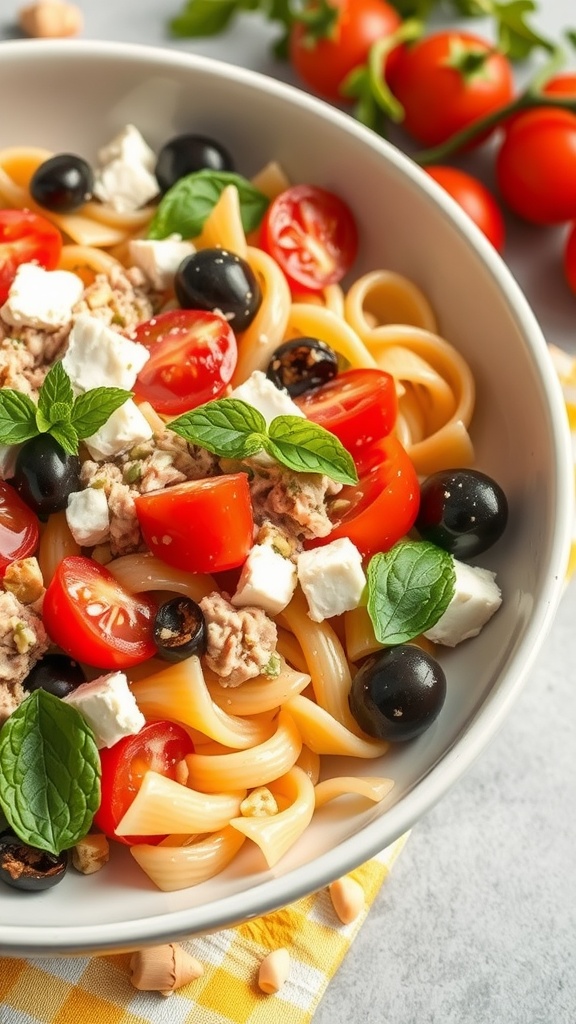 Mediterranean Tuna Pasta Salad with olives and cherry tomatoes