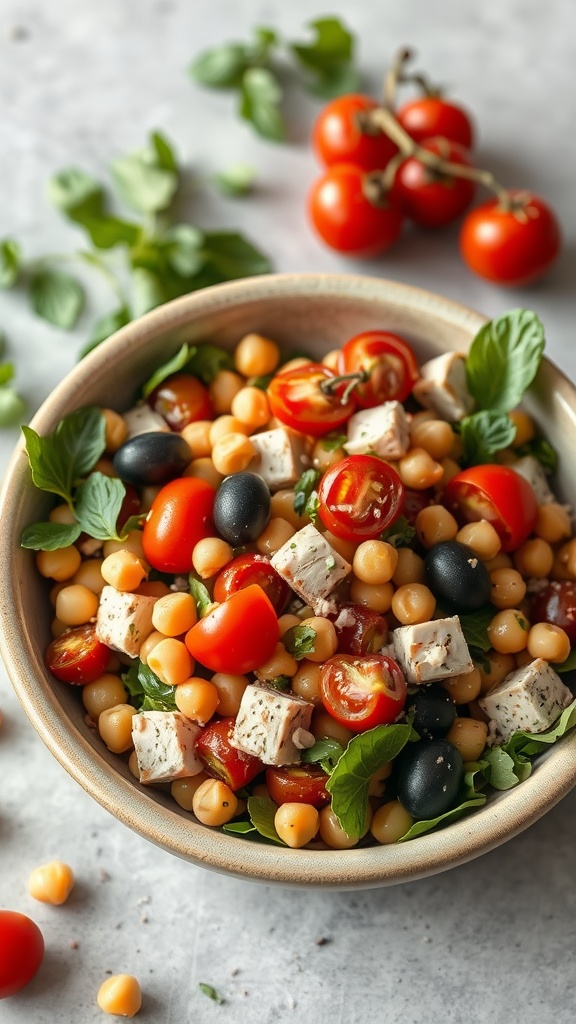 A vibrant bowl of Mediterranean Tuna Salad with Chickpeas, featuring colorful ingredients like cherry tomatoes, olives, and feta cheese.