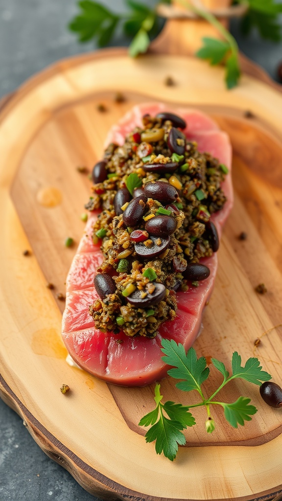 Mediterranean Tuna Steak with Olive Tapenade on a wooden platter