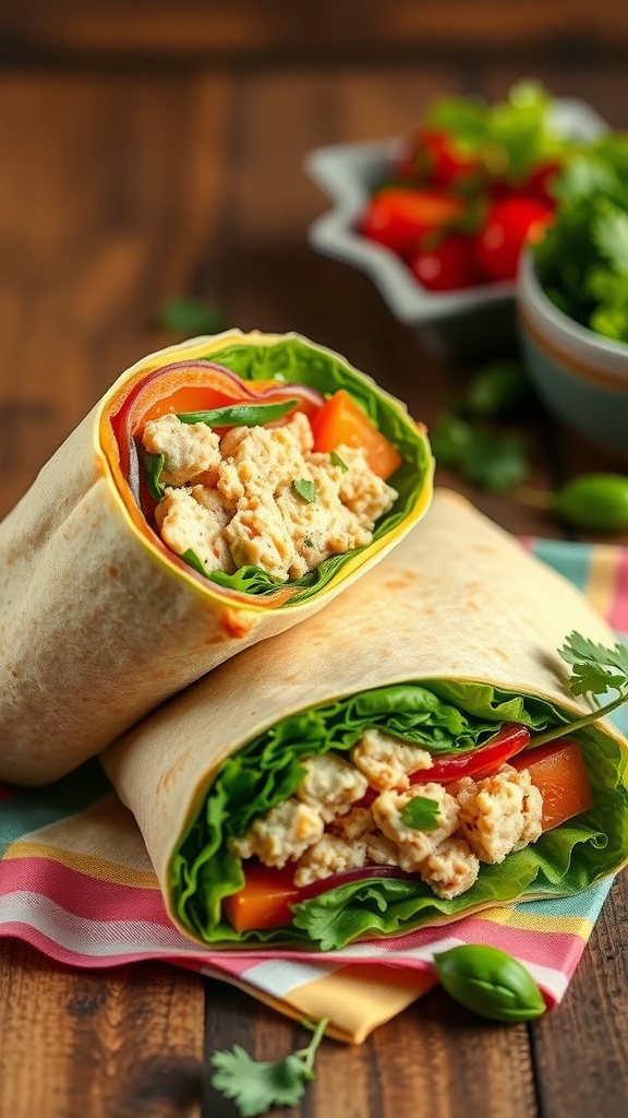 Mediterranean Tuna Wrap filled with fresh veggies and tuna.