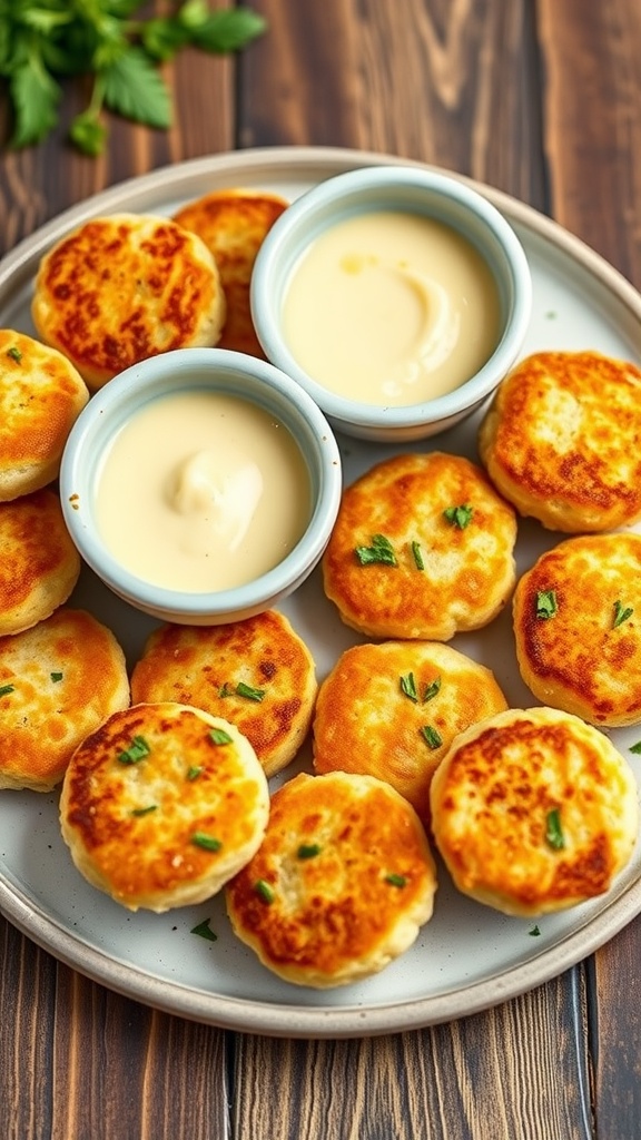 A plate of mini crab cakes with lemon aioli