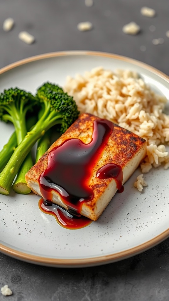 Plate of miso glazed halibut with broccoli and rice