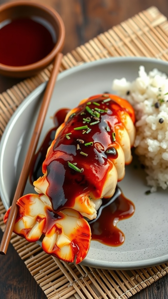 Miso glazed lobster tail on a bamboo mat with chopsticks