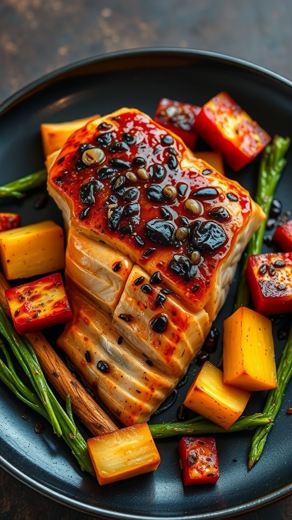 A plate of Miso Glazed Salmon with colorful roasted vegetables.