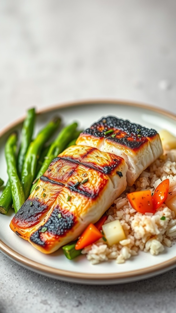 Delicious grilled cod fillets with a miso marinade served with vegetables and rice