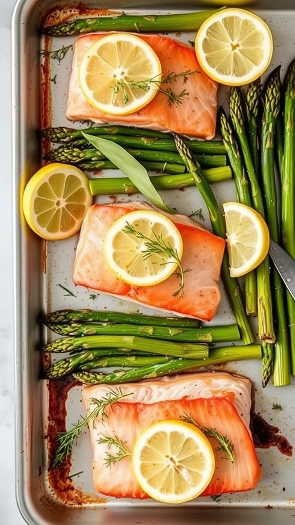A one-pan dish featuring salmon fillets and asparagus with lemon slices and dill.