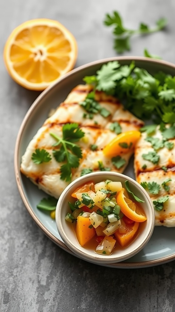 A bowl of orange and cilantro salsa on a plate with grilled sea bass.