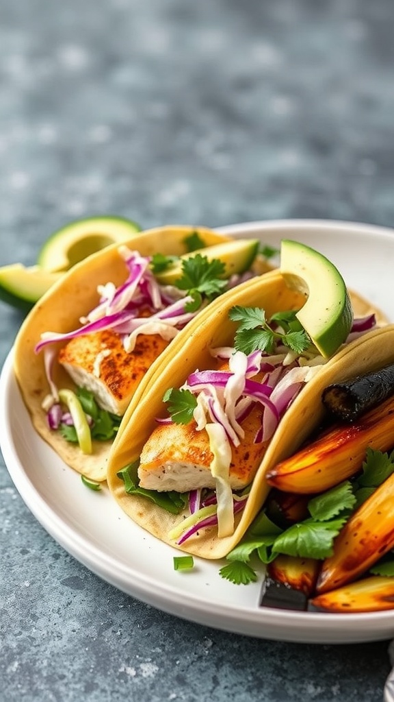 Oven-baked fish tacos with avocado and fresh vegetables