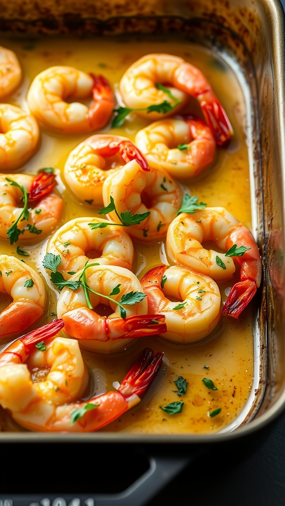 Oven-baked shrimp scampi with garnished parsley