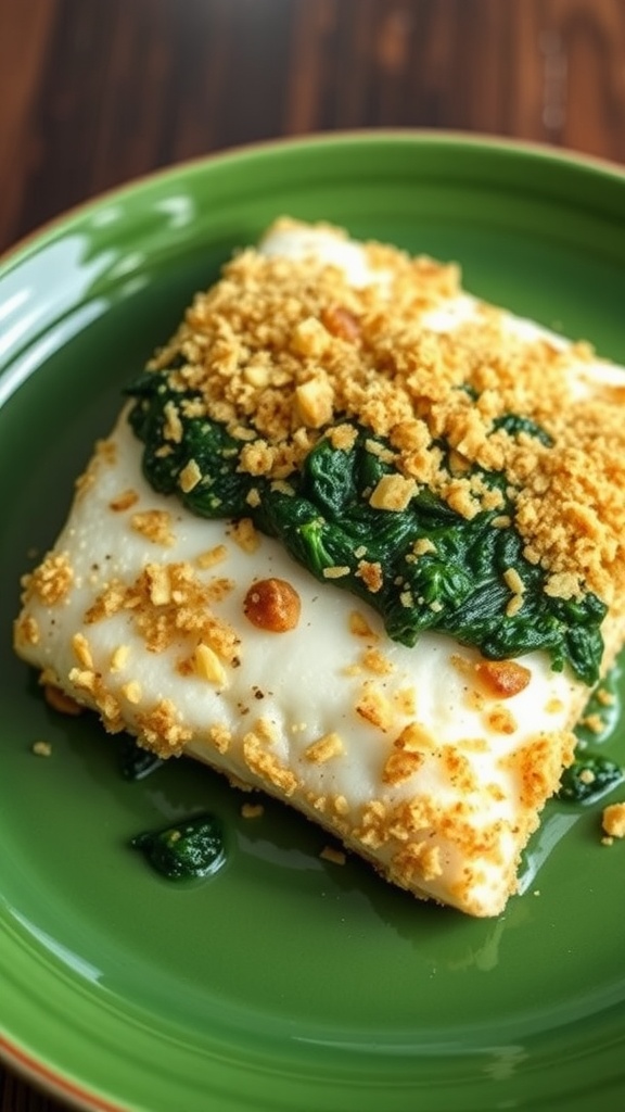 Panko Crusted Cod with Spinach on a plate